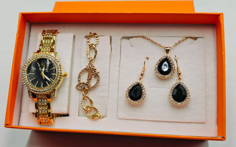 Watch, Chain, Earring and Bracelet Set Gold